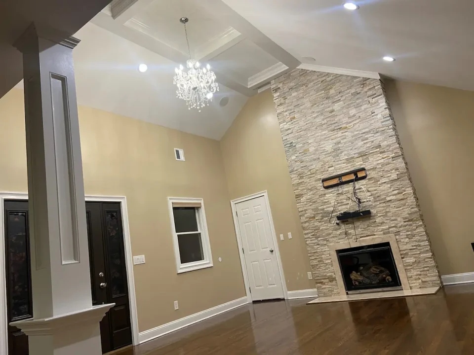 new vaulted ceiling with chandelier